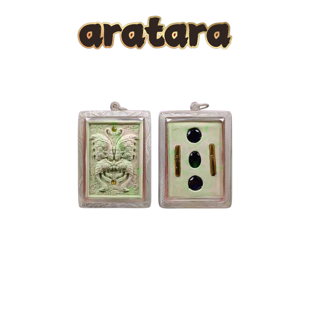 BE 2550 Kruba Krissana Wat Krok Uthong Lucky Butterfly Amulet (Sacred Powder With Inlaid Gemstones, Carved Silver Casing)